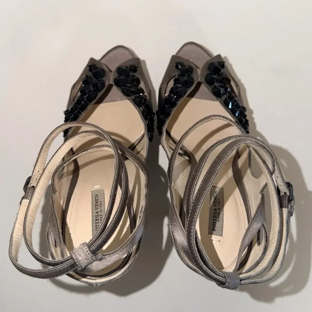Bottega Veneta Grey Satin Embellished Bead Ankle Strap Platform Heels Sandal